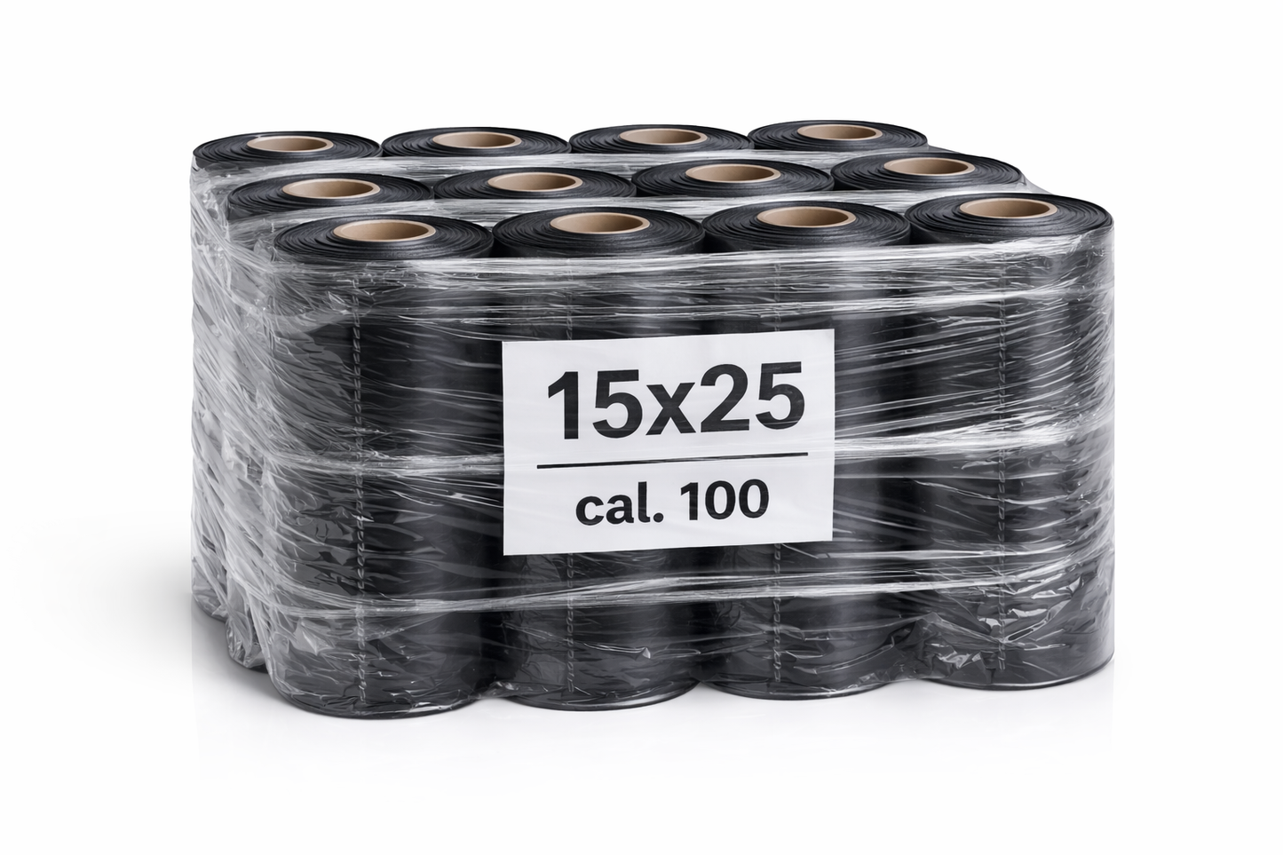 Rollos Negros 15×25 Cal.100 – Paquete 12 rollos